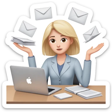 tired woman sitting at a desk with a MacBook, holding her arms out to the side, surrounded by flying papers sticker