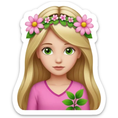 Girl profile picture with long browne and blonde hair and green eyes and a flower in her hair. and a pink outfit sticker