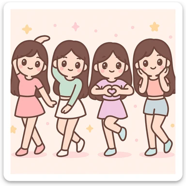 beautiful skinny women with long dark brown hair, kpop girl group at dance practice, pastel outfits, cute dance moves, studio background, kawaii style sticker
