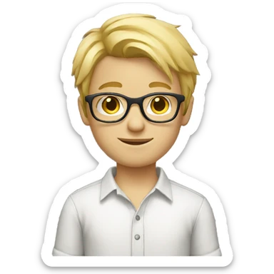 blond hair boy with glasses with shirt sticker