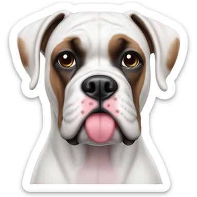 white boxer dog with pink nose sticker