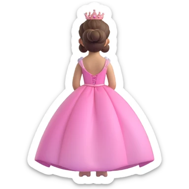 princess with brown hair in a bun, pink dress and tiara, back view, iOS 3D emoji style, high gloss, soft shadows, realistic and adorable sticker