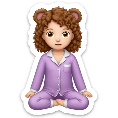 brown eyes, brown curly hair, white skin, full body in cute pijama bear sticker