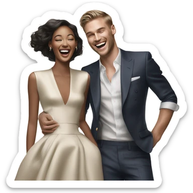Hyper Realistic beautiful dior model laughing with a handsome male model  sticker