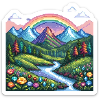 Enchanted meadow with rainbow and crystal mountains sticker