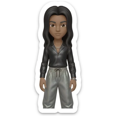 Bizzy Bone with long black hair, black metallic shirt, gray metallic harem pants, silver necklace sticker