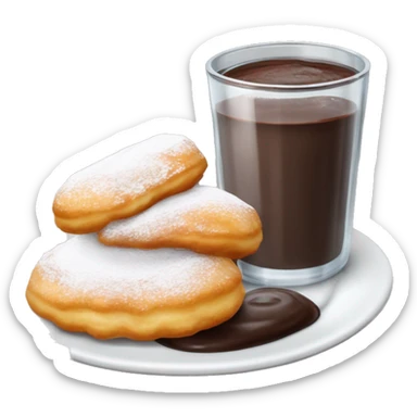 Realistic plate of powdered sugar beignet s with glass cup of chocolate dip on the side isolated. sticker