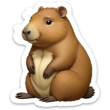 cinematic-capybara-realistic-full-body-sitting-emoji,-plump-and-relaxed-body-soaking-in-the-warm-sun,-short-brown-fur-slightly-ruffled,-head-tilted-dramatically,-calm-expressive-eyes-exuding-serene-wisdom,-simplified-yet-realistic-focused-features,-highly-detailed,-glowing-with-an-almost-sarcastic-glow sticker