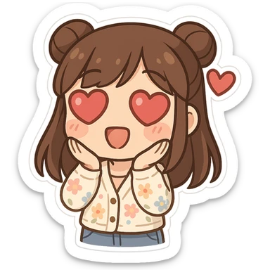 chibi sticker of a girl with brown straight hair in double buns, brown eyes, wearing a pastel floral cardigan and jeans, white outline, in love with heart eyes, transparent background, 512x512px sticker
