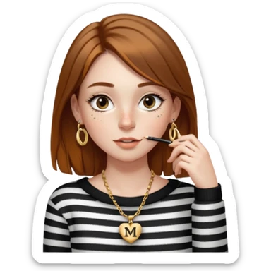 Chica guapa con pecas debajo del labio, pestañas largas con rímel, cejas finas y peludas, pelo marrón medio largo, piercing en la nariz, collar dorado con una "M" y jersey negro de rayas blancas con un hombro descubierto. sticker