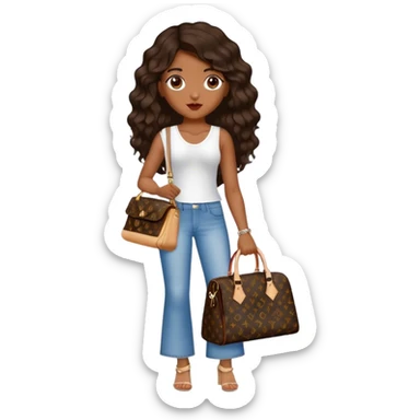  Brown girl with dark brown medium beach wavy hair carrying one Louis Vuitton purse on one arm while standing  sticker