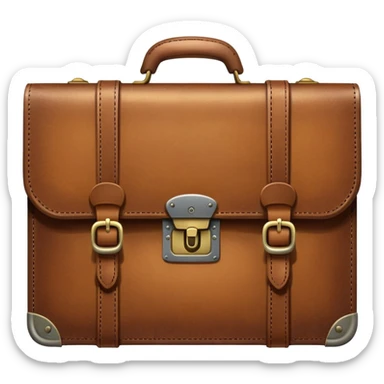 A brown leather briefcase or suitcase, closed, with handle and locks sticker