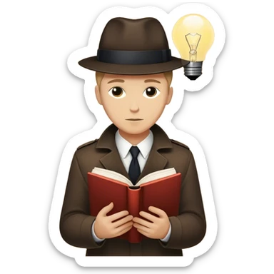  detective reads a book with a bold silhouette of a person on the cover, symbolizing a subject under investigation. The cover’s design is minimalist yet striking, hinting at mystery and deep research. A glowing lightbulb above the detective’s head signifies a moment of realization. sticker