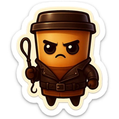 Tall coffee cup, dressed in leather holding a whipping crop, serious expression sticker