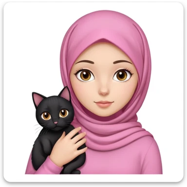 brown eyes white girl with pink hijab and cute long sleeve top holding a black cat sticker
