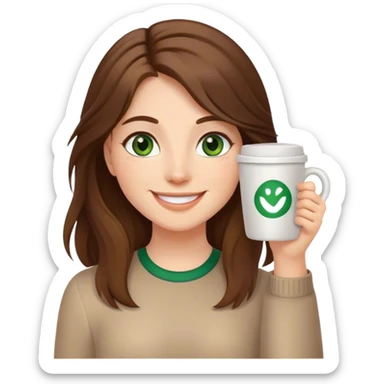 Long, Brown haired girl with middle hair part, with green eyes, smiling, waving with one hand, coffee mug in the other sticker
