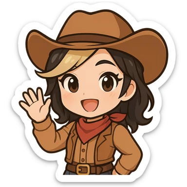 Chibi cowgirl with slightly longer hair and a blonde streak, wearing a cowboy hat and western outfit, no guns, chibi/anime style, transparent background, sized for Twitch or Discord use. Pose: waving, big happy smile. sticker