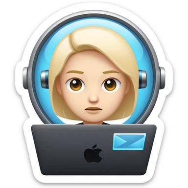 Emoji-style character with a neutral techy face, looking at two floating browser windows, modern vector design, serious expression, dark mode theme, clean lines, futuristic feel — not cute, not silly sticker