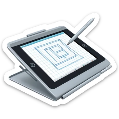 Create an emoji for 3D visualization and modeling. Show a large graphic tablet with a stylus drawing in a 3D modeling program, displaying a wireframe model that pops out from the screen. Use modern, professional colors. Do not include any emojis or smiley faces. Make the background transparent. sticker