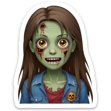 a zumbi girl with long brunette straight hair and light brown eyes, she is happy and beautiful, do it as a icon  sticker