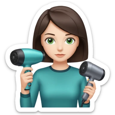 brunette bob girl hair stylist with blue green eyes holding a hair dryer sticker