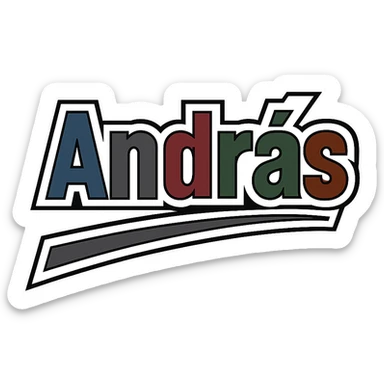 András name in masculine, modern gradient font with precise Hungarian characters, dark contour, extra wide and prominent white letter frame as in reference images, dynamic slanted underline, masculine color shades (blue, gray, burgundy, green, brown), 1000x1000 px, PNG, transparent background sticker