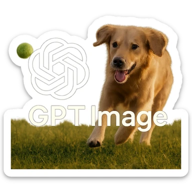  logo of chat gpt with text "GPT Image" on the background of a dog chasing ball, realistic image sticker