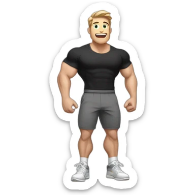 amazed Open with surprise mouth Pale skinned Fit Man With the biceps and dark brown hair in black shirt, gray sports shorts and white Sneakers sticker