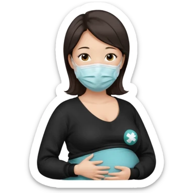 a pregrant chinese lady with dark brown hair? Hair lengt above shoulder, wearing medical face mask, i wanna see the pregnant belly with black sweater sticker