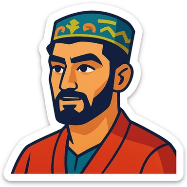 A Tajik man with masculine features, expressive eyes, thick eyebrows, dark hair, and light-olive skin, neatly kept facial hair sticker