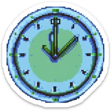 pixel art style clock with soft blue and green palette, representing tame time sticker