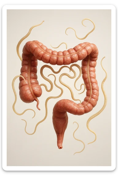 INTESTINO UMANO ANATOMICO REALISTICO FLUTTUA IN ARIA INSIEME A PARASSITI COME LA TENIA, SFONDO CHIARO, iperrealistico 4k sticker