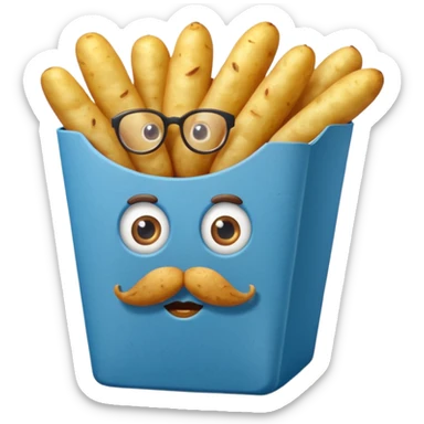 long fried potatoes in a blue carton, carton has eyes and mustache sticker