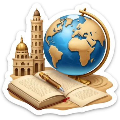 icon featuring ancient scrolls, quill pen, and a globe, with famous historical landmarks and monuments in the background. Large, antique sand clocks with sand pouring out represent the passage of time. Historical figures are depicted as statues. Transparent background. sticker