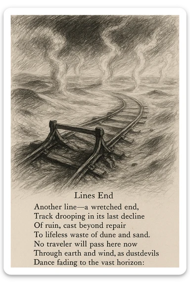 black and white pencil sketch inspired by the poem 'Lines End' showing a desolate, slumping railroad track ending abruptly in a barren landscape of dunes and sand, with twisted rails and a sense of ruin, vast empty wasteland with wind, earth, and dust devils, dramatic lighting, no background clutter, include the verbatim poem text in double quotes in a regular text font flowing along the bottom or side of the sketch sticker