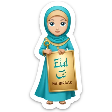 Turkish beautiful finish Konya girl blue eyes with gold hijab and islamic long tailed turquoise dress on the ground and had on her hand text Eid Mubarak  sticker