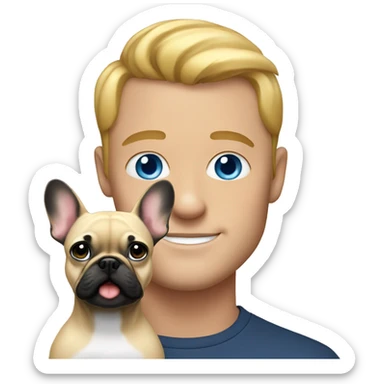 Man with blue eyes holds a blonde frenchie  sticker