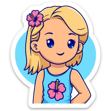 preppy coastal teen girl with blue eyes, beach blonde hair, tan skin, hibiscus flower in her ear, preppy beach outfit sticker