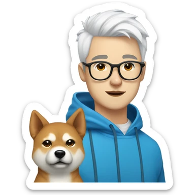 A young guy with white hair ponytail white skin black-framed glasses, a nose piercing, a blue hoodie and a Shiba Inu dog next to him sticker