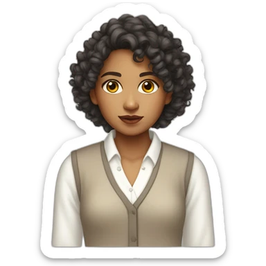curly hair indian girl wearing a collared long sleeve white shirt under a white sweatervest sticker