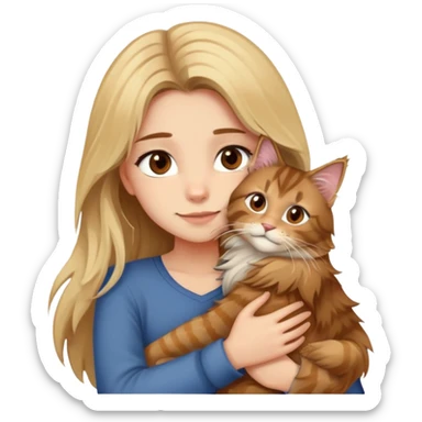 A blonde girl with brown eyes and brown brown hair hugs a mainkoon sticker