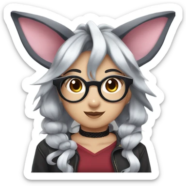 A Sylveon with round glasses, black spiked choker, dark red shirt, dark grey skirt, fishnets, and black boots sticker