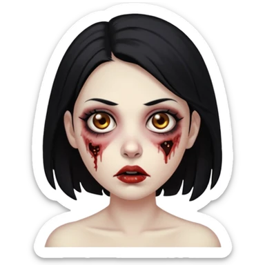 Make an emoji of a zombie woman with black hair, almond-shaped brown eyes and a labret piercing on her left lip. sticker