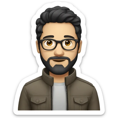 A beautiful white skin  young man with black and medium hair and white skin and beard, wearing round glasses and jacket sticker