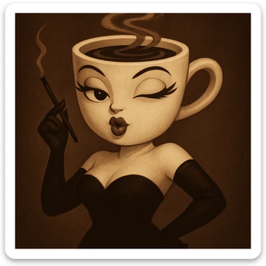 Change the coffee cup woman's expression to flirty, with one eye winking and blowing a kiss. Keep the original style and character, only modify the eyes and mouth, preserving the original style and look. sticker