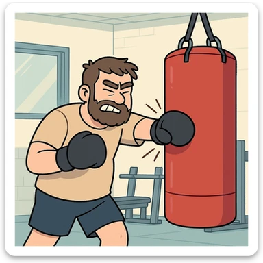 Hit a punching bag – to punch a padded bag for exercise or stress relief.
He went to the gym to hit a punching bag and blow off steam. Background Gym
 sticker