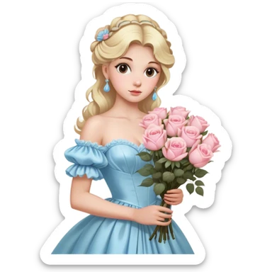 Blonde model with brown eyes wearing a light blue silk rococo gown clutching a giant bouquet of cream and pink roses sticker