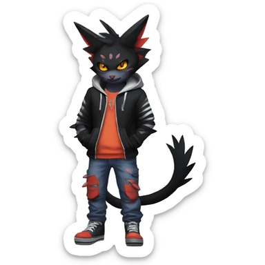 Cool Anthro Black Noibat-Quilava-Litten-Pokémon with edgy stripes hoodie spiked collar punk Full Body sticker