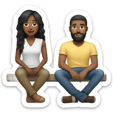 Black woman with black straight hair sitting on soft surface with pillows   with  British Caucasian male with brown hair and beard  sticker