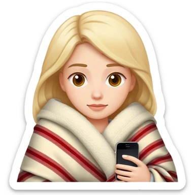 realistic woman in cozy blanket with iPhone, iPhone style emoji sticker